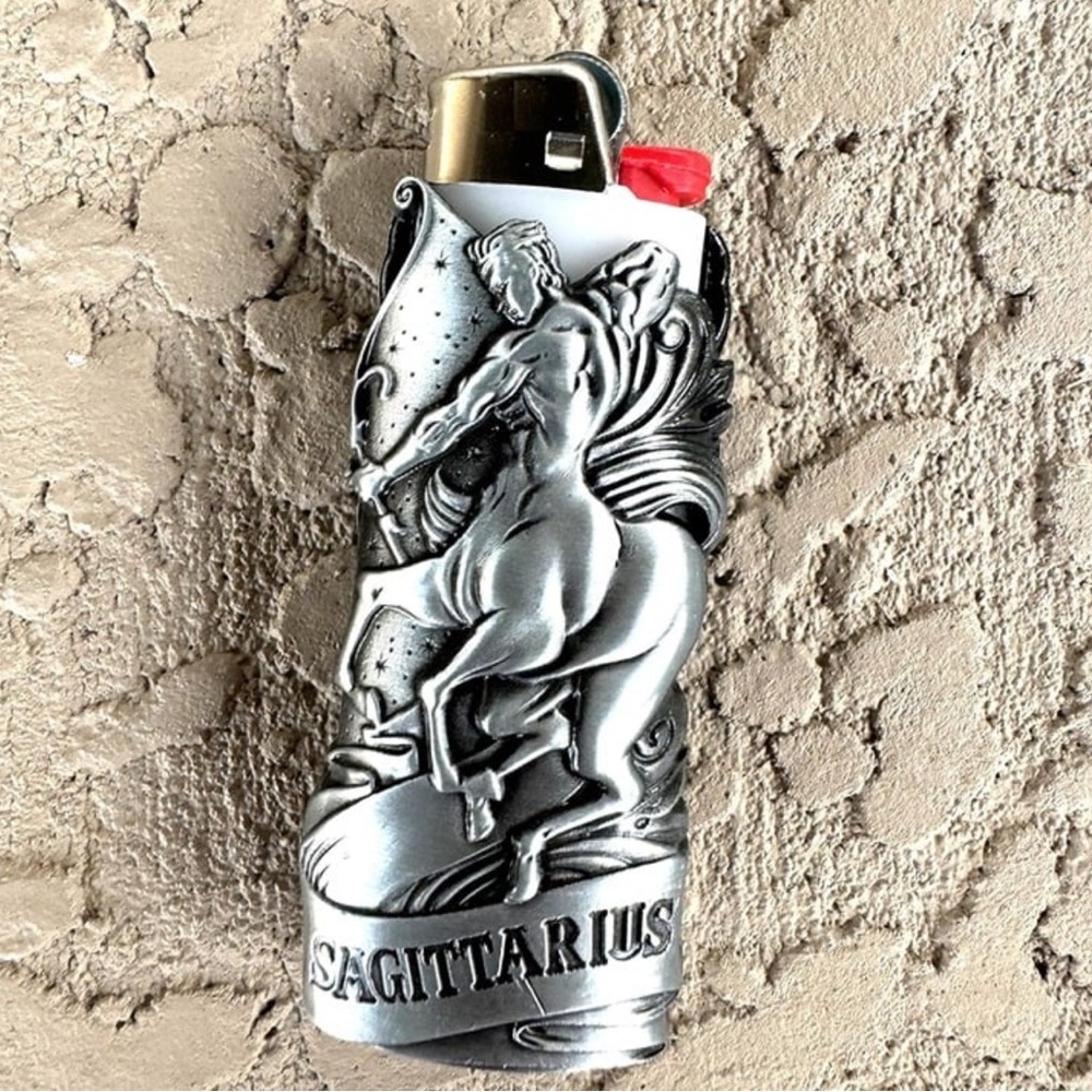 Metal lighter case fits BIC lighter standard size j6 zodiac case Sagittarius